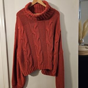 Cozy Cable Knit Turtleneck Sweater - Rusty Red/orange